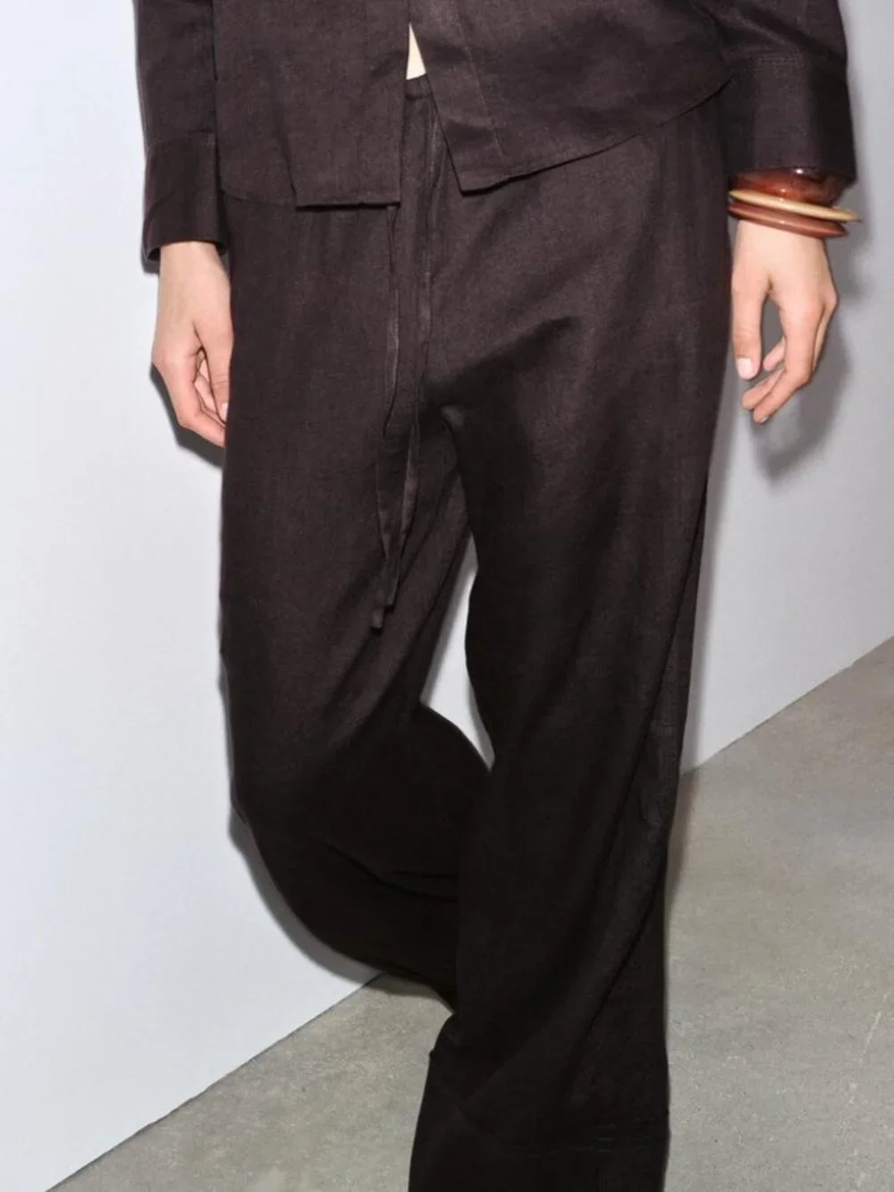 Zara ZW Collection 100% Linen Palazzo Pants Brown Drawstring Wide Leg NWT Medium